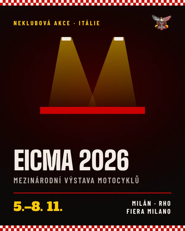 EICMA 2026 – plakát v barvách VRCC Moravia: reflektory nad pódiem