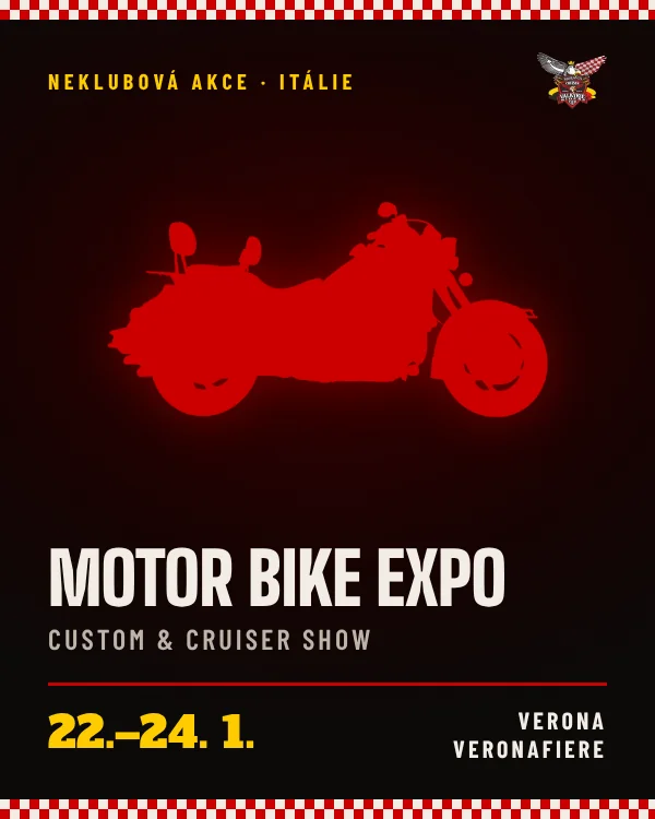 Motor Bike Expo 2027 – plakát v barvách VRCC Moravia: silueta Valkyrie